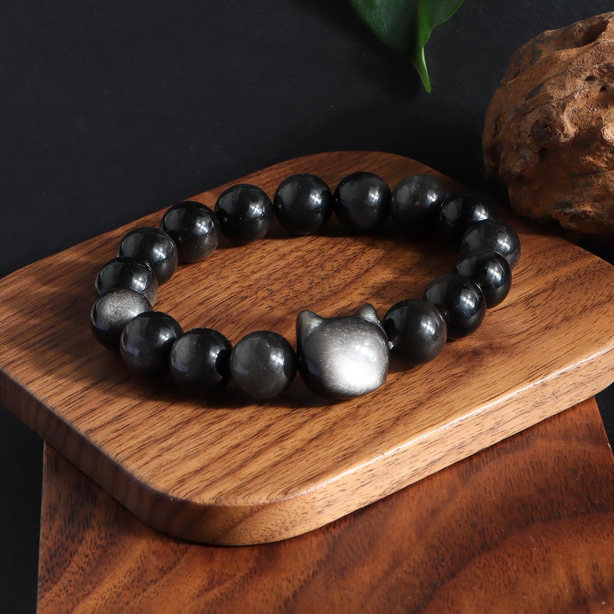 Браслет из натурального черного обсидиана Серебряный браслет с котенком из обсидиана Ювелирные изделия, Серебряный браслет с безликим котом из обсидиана