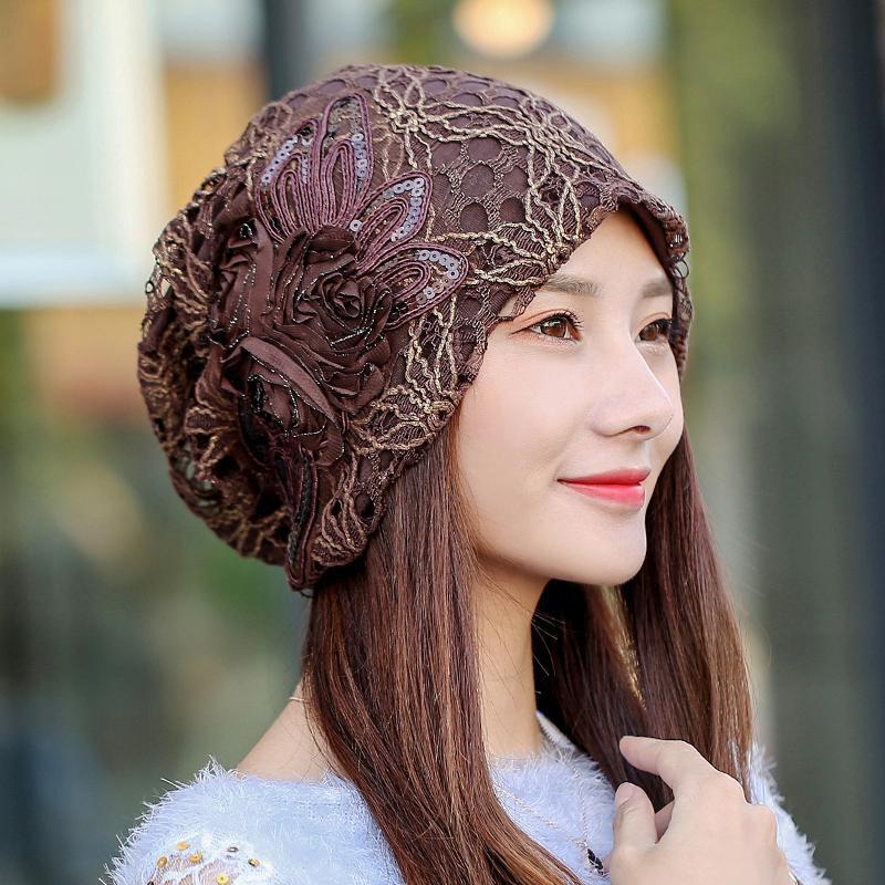 Modische Schleifen-Pullovermütze für Damen für Frühling und Herbst, gehäkelte Spitze, koreanische florale Kopftuchmütze