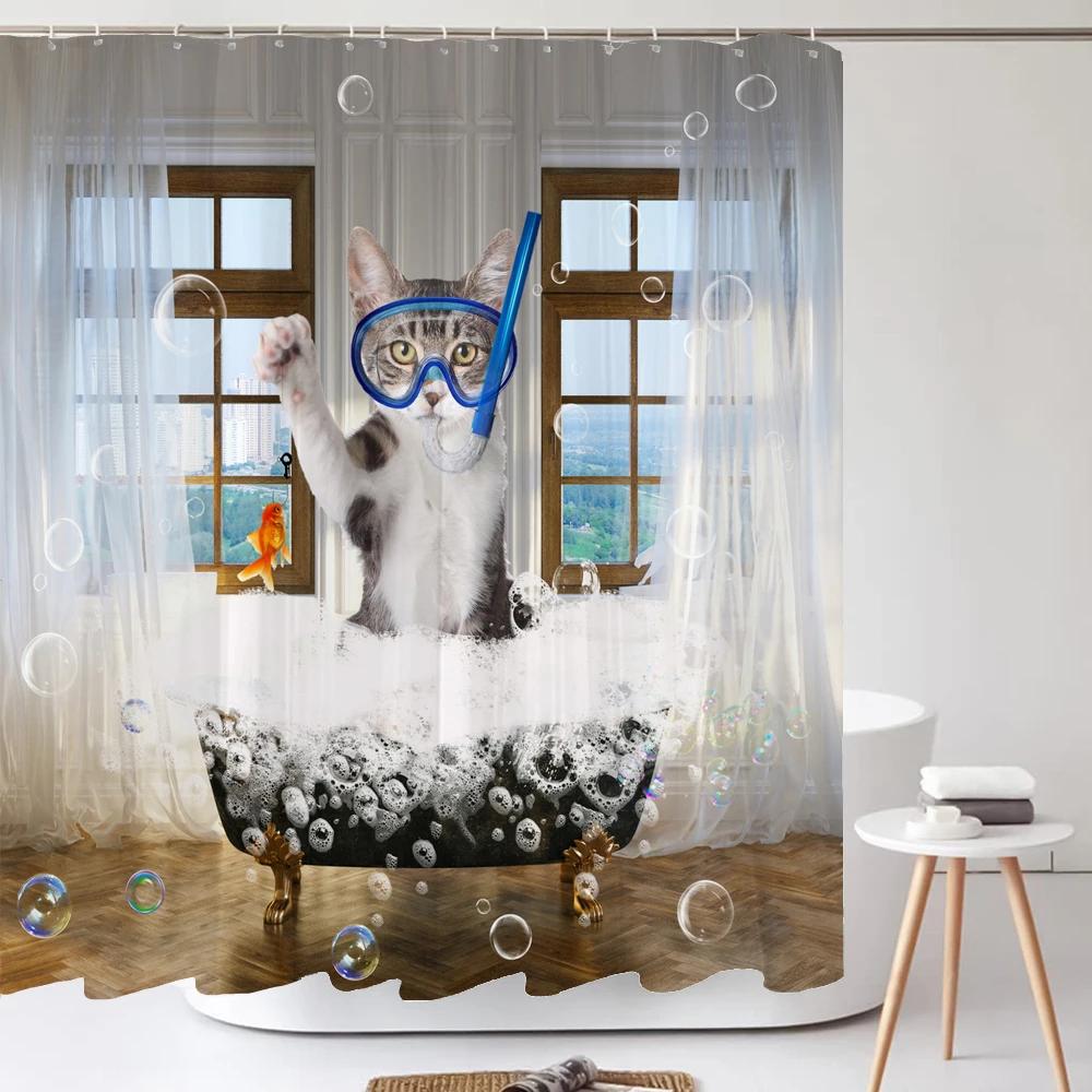 Funny Cute Cartoon Bathing Cat Dog Shower Curtains Bathroom Bathtub Decoration Waterproof Bath Curtain Home Decor with Hooks