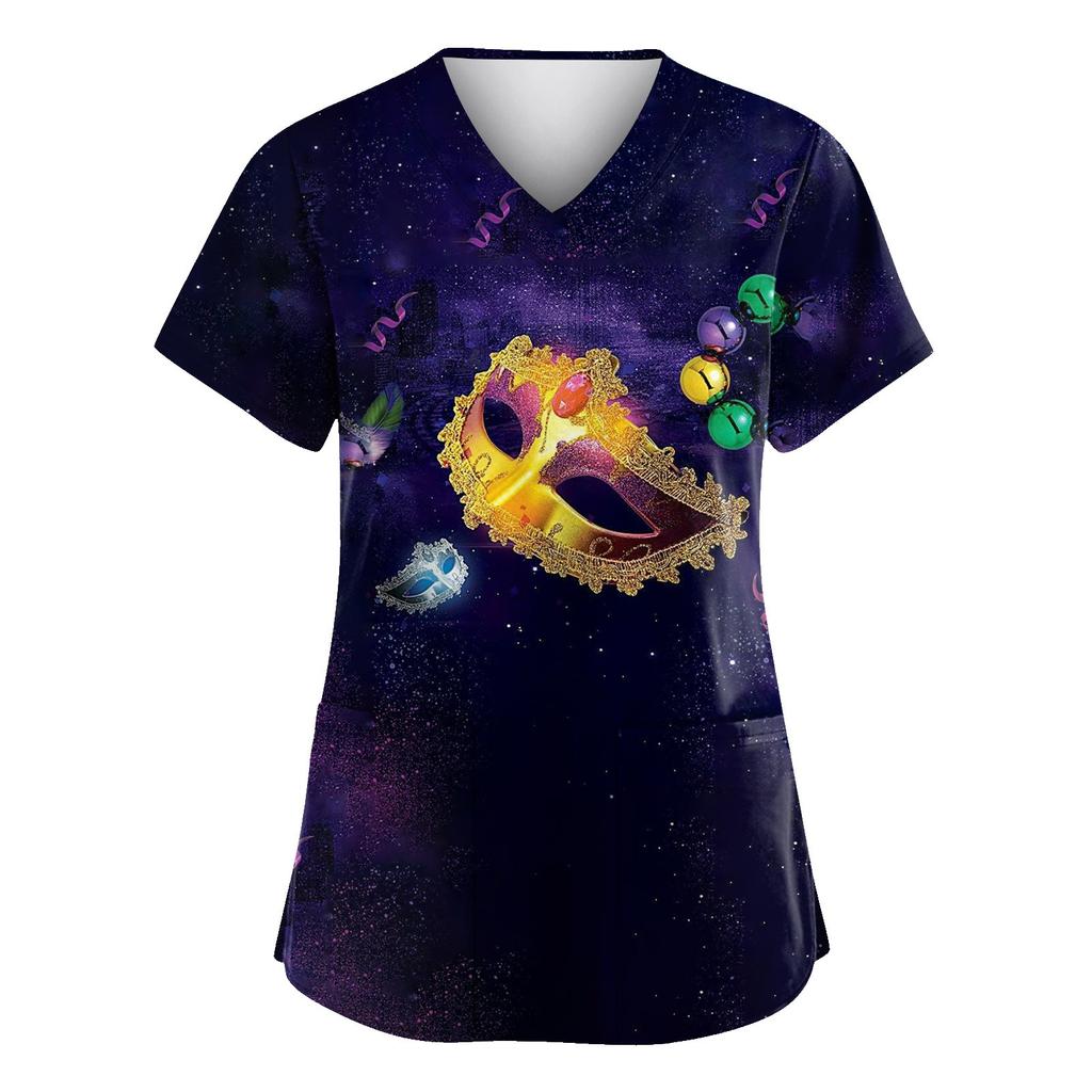 Damen Karneval Bedruckte Uniform Arbeitsuniform V-Ausschnitt Tasche Schützende Uniform