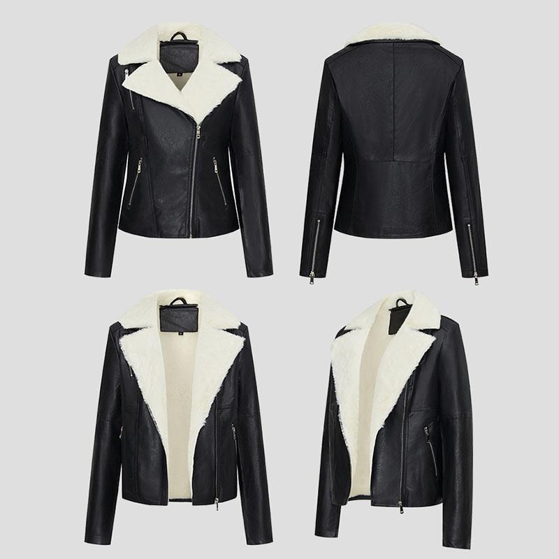 Winter Women's Fleece Jacket Thick Warm PU Leather Jacket Slim Turn Down Collar Flocked Leather Coat