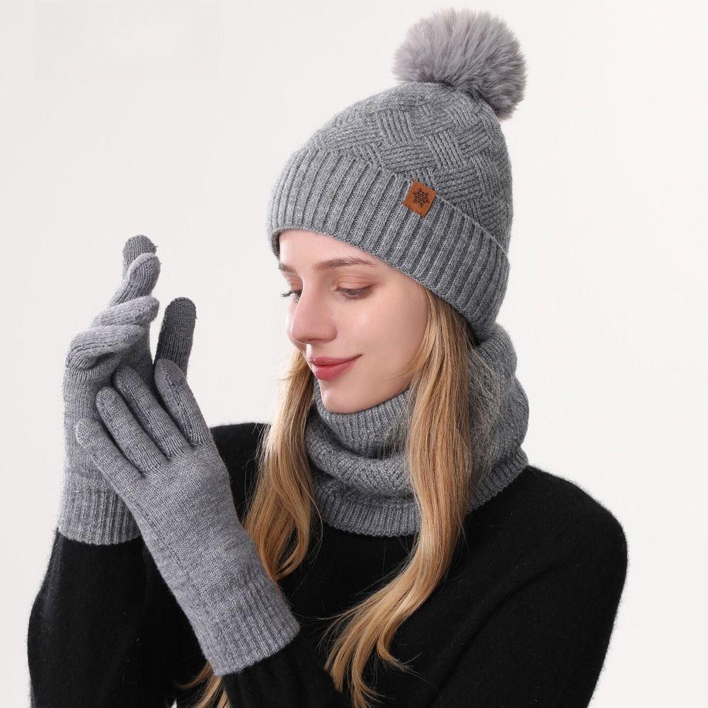3pcs Wool Hat Scarf Gloves Set Solid Color Winter Beanie Hat Neck Warmer Thermal Knit Cap  Winter