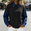 Women's Fashion Color Block Collared Long Sleeve Casual Loose Fit Patchwork Denim Sweatshirt Top