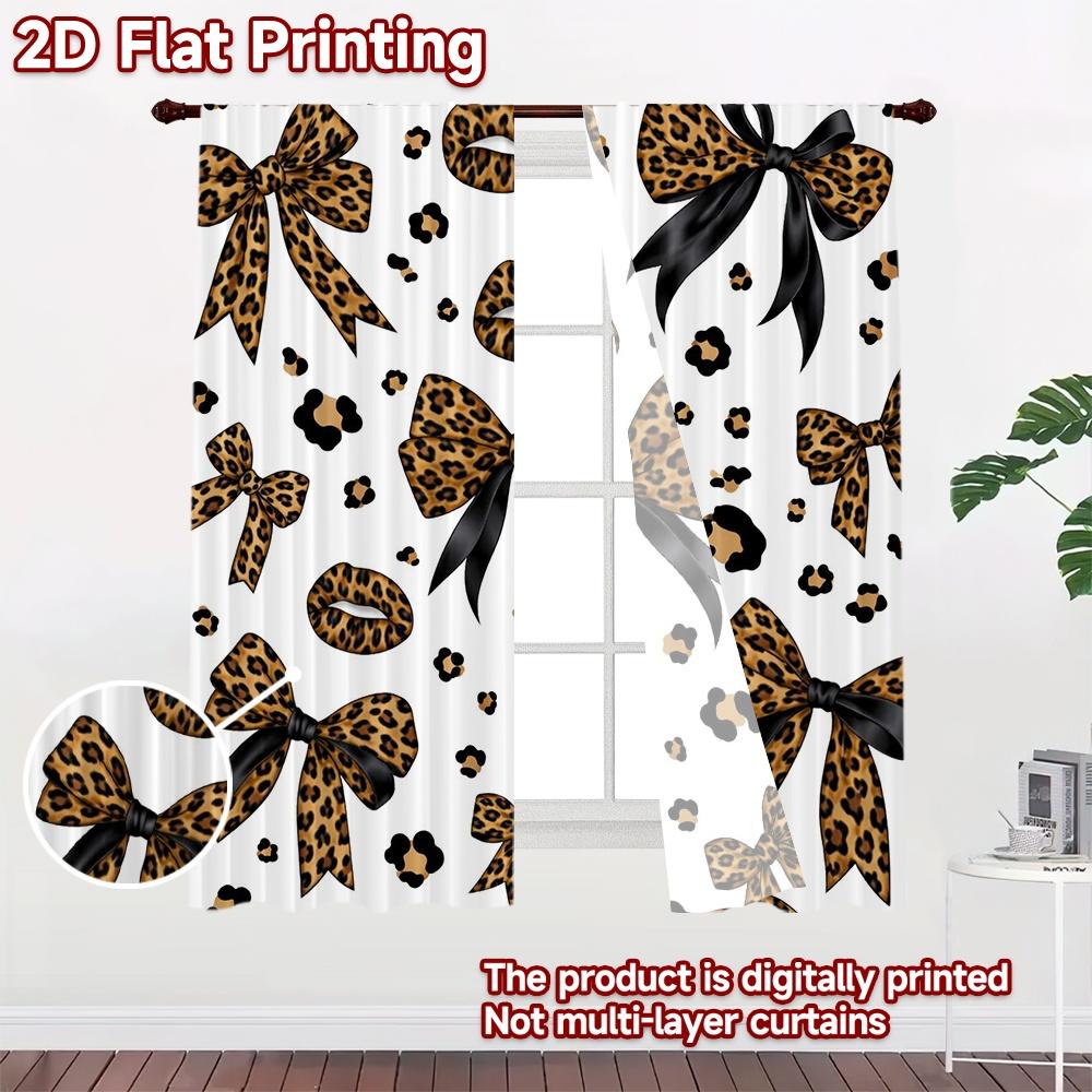 2D FLAT PRINTING 2pcs Curtains (Without Rod) Leopard Print Bows Popular Light Filtering Curtains Durable Polyester Curtains