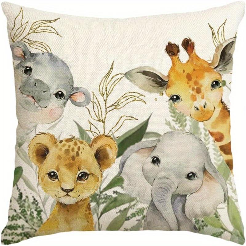 Süße Safari-Tiere Kissenbezug 2D-Druck Polyester Sofakissenhülle – Aquarell Elefant, Giraffe & Löwenbaby Dekor