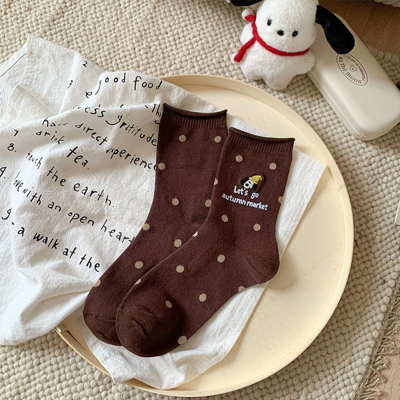 Autumn Cream Wind Cute Magician Puppy Embroidered Medium Tube Socks Polka Dot Versatile Comfortable Cotton Socks Cartoon