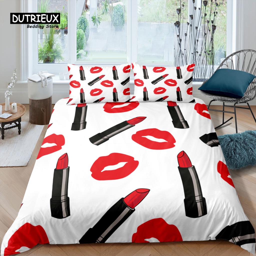 Home Living Luxury 3D Lipstick Bedding Set Cosmetic Duvet Cover Pillowcase Queen and King EU/US/AU/UK Size Comforter Bedding