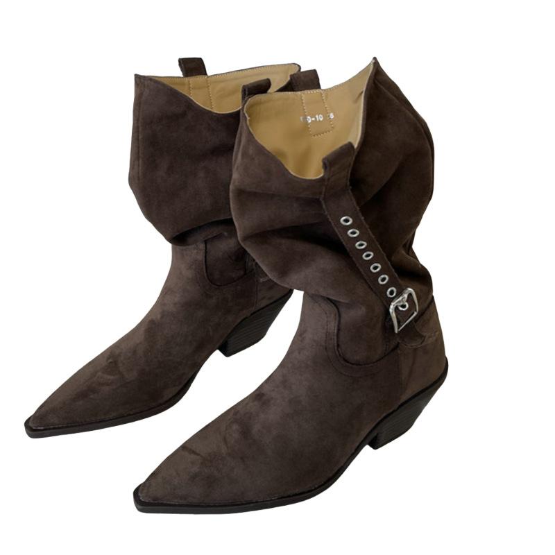 2025 new fashionable retro western cowboy boots women's pointed thick heel medium boots versatile and thin fashion short boots
