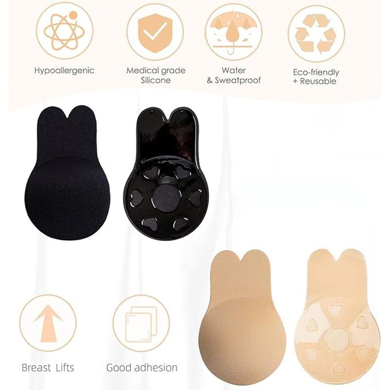 FallSweet 1 Pair Women's Invisible Adhesive Bras Bunny Nipple Covers Reusable Sticky Bra Self-Adhesive Silicone Push Up Bralette