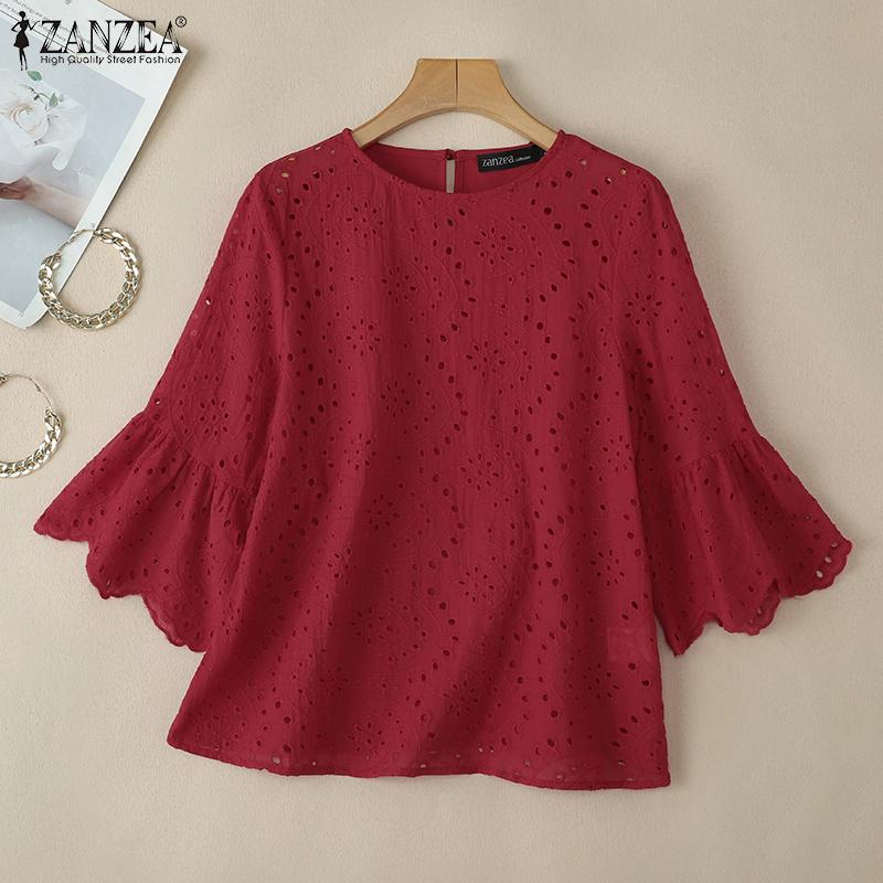 ZANZEA Dámská ležérní halenka s kulatým výstřihem, 3/4 rukávy, volná, krajková háčkovaná