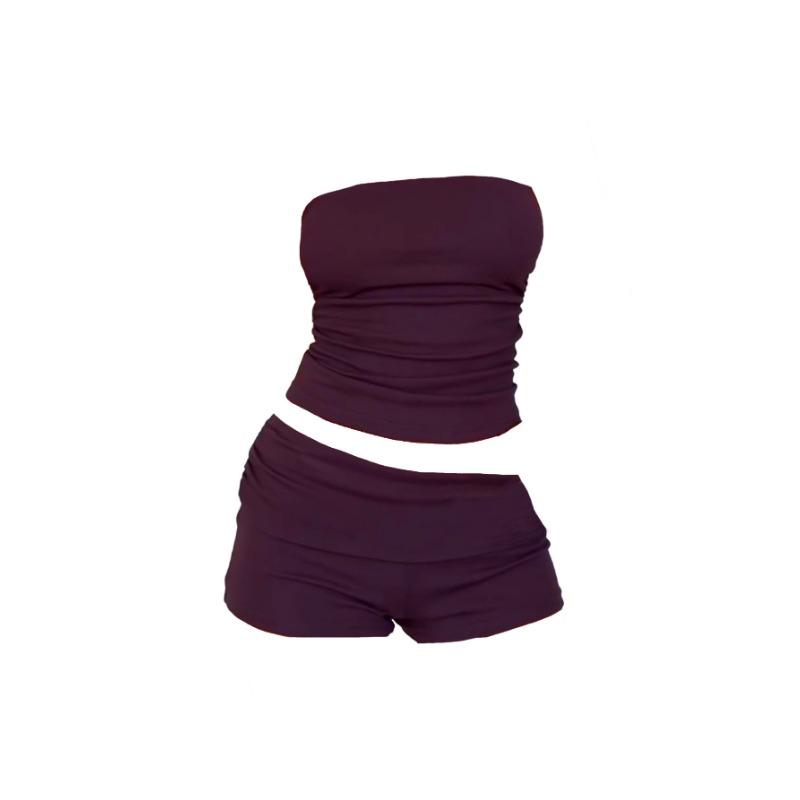 Women's Ruched Tube Top & Shorts 2 Piece Outfit Casual Sleeveless Bodycon Loungewear Set