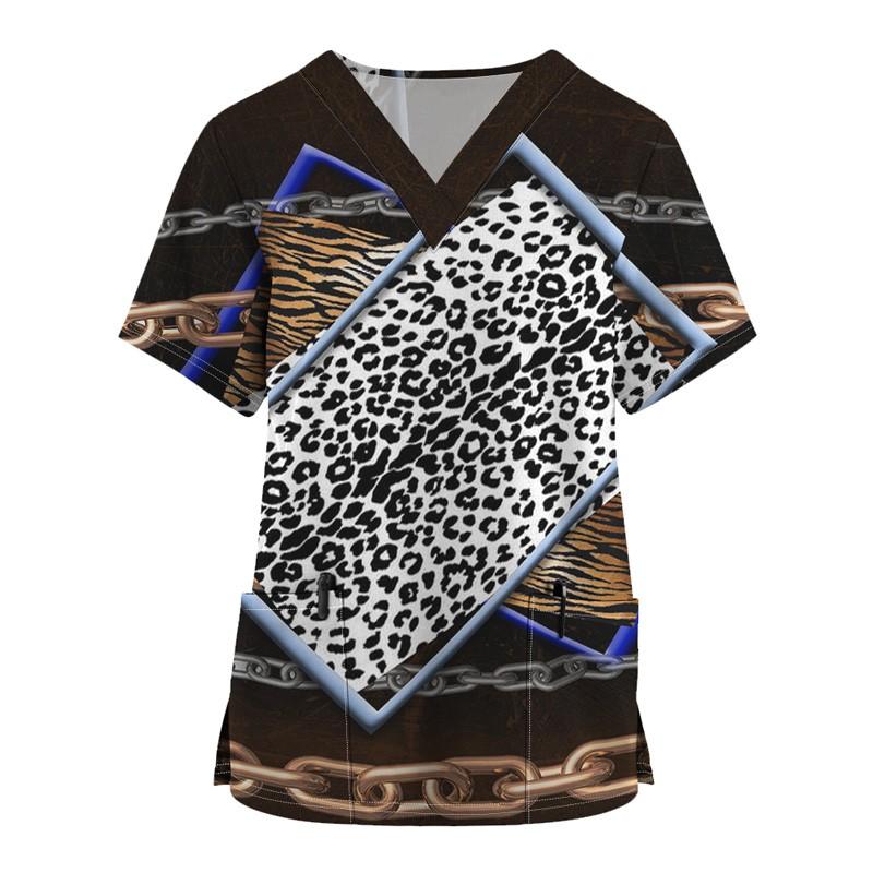Women Short Sleeve V Neck Cartoon Pattern Tops Working Uniform T-shirts