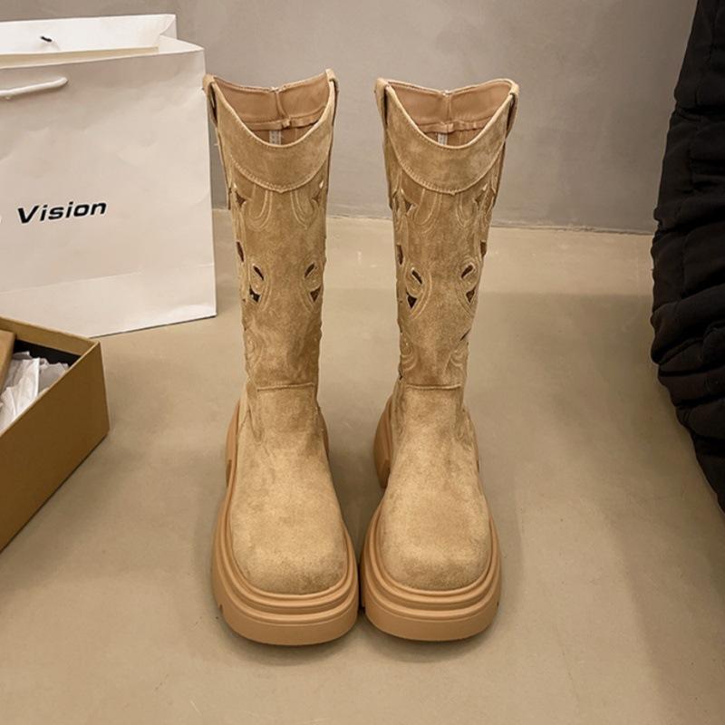 Retro British style hollow western cowboy high boots boots 2025 spring and autumn women's thick bottom but knee v mouth