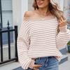 Elegant European One-Shoulder Striped Knit Sweater for Women