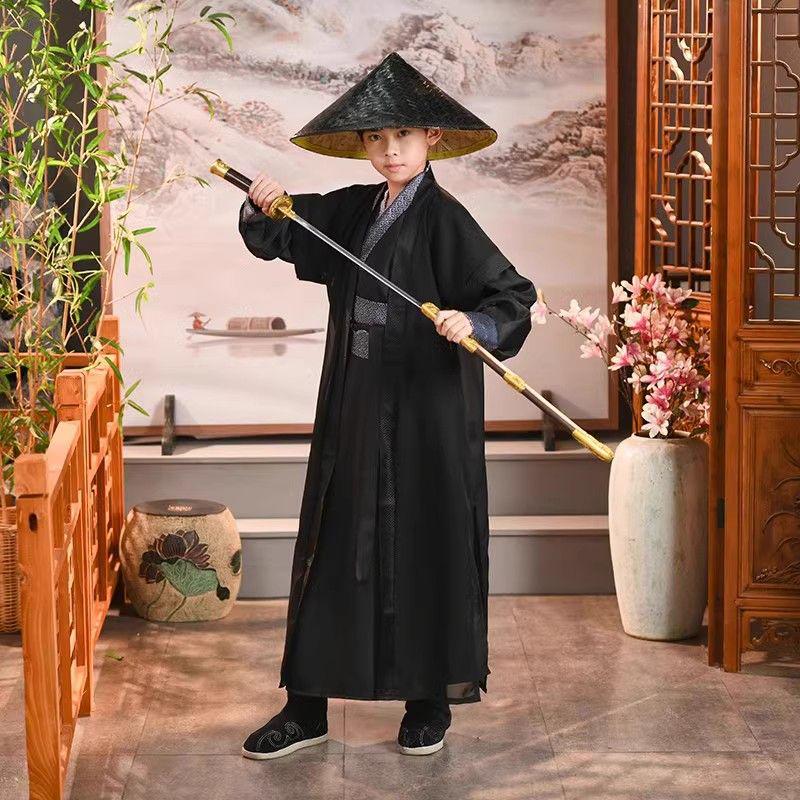 Spring Autumn Boys' Hanfu: Traditional Knight Costume with Bamboo Hat for Performances