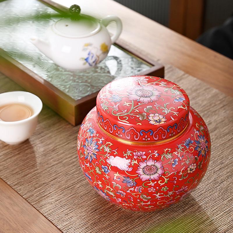 Luxury Gold-plated Ceramic Tea Canister with Climbing Lotus Painted Flowers Storage Jar Craft Desktop Ornament Storage Jar Decor