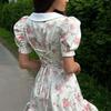 Summer Print Puff Sleeves Ruffled Dress Women's V-Neck High Waist Pearl Buttons Mini Dress Female Casual Vacation Fashion Dress