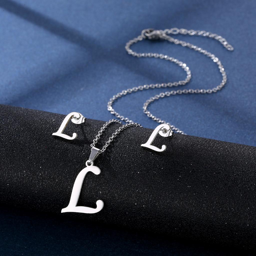 Fashion Alphabet Necklace And Earrings Set Shiny Colorfast Pendant Choker Jewelry