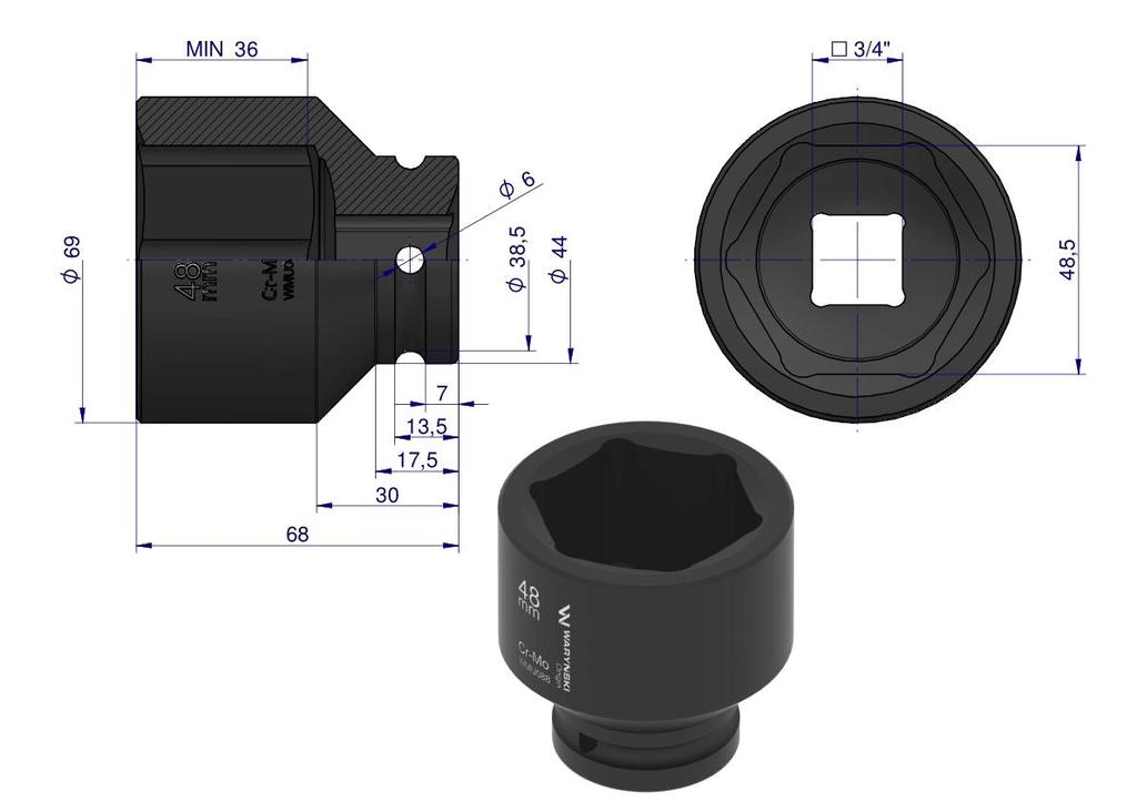 Nasadka Udarowa Sześciokątna 3/4". 48 Mm. Crmo. Din 3129. Waryński