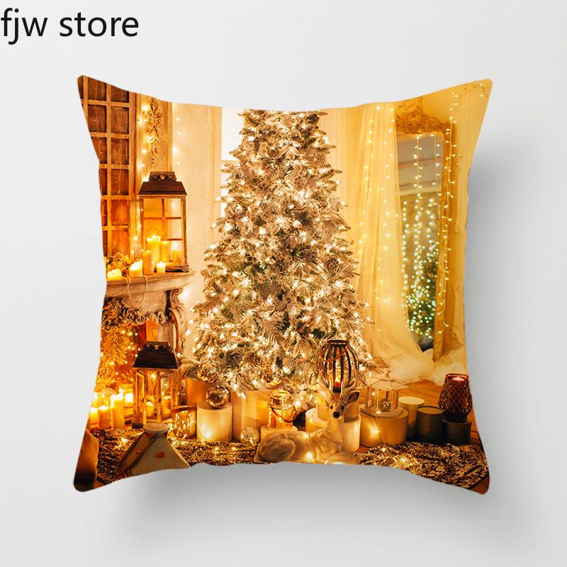 Christmas Decor Pillow Cover  Tree Gift Fireplace Print Throw   New Year Home  Sofa Cushion