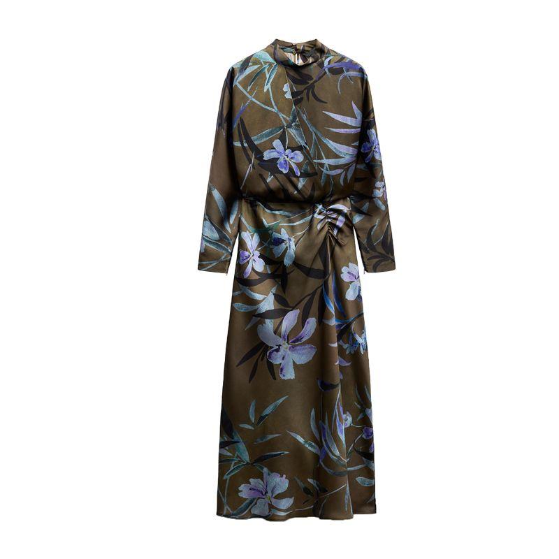 Autumn and Winter New Women clothes Western Style Retro Satin Print Mid-Length Midi Dress 9965281