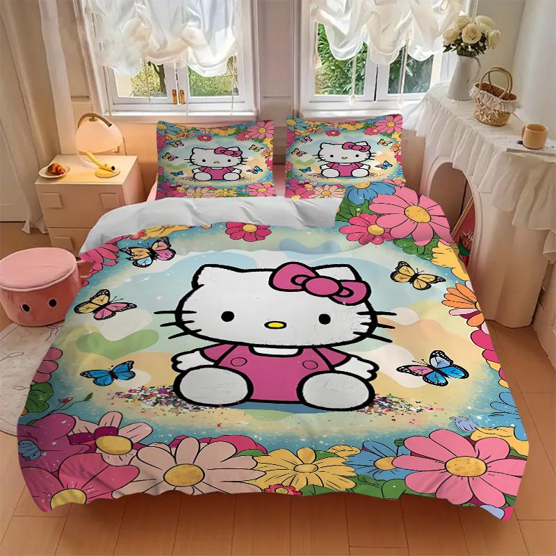 3pcs Hello Kitty & Colorful Daisy Design Pattern Bedding Set, 1* Cover + 2*Pillowcases, Printed Bedding Set, Soft and Comfortable.W034