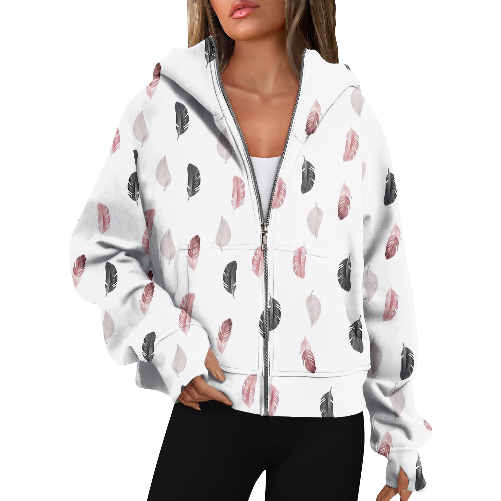 

Жіночі толстовки з довгим рукавом, повсякденні світшоти на повну блискавку, світшоти з дірками для великого пальця, куртки з кишенями M білий