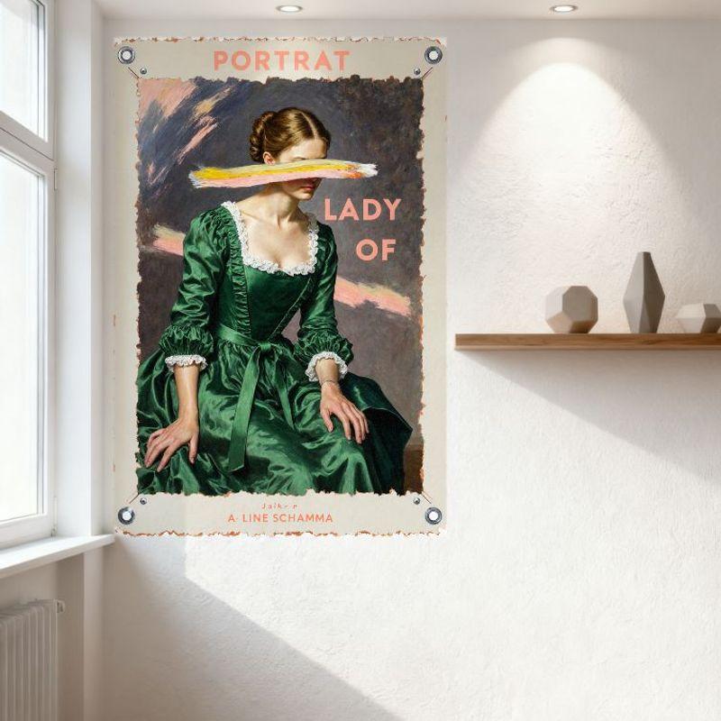 Vintage 18th - Century Lady In Green Dress Metal Tin Sign with Pink & Yellow Accents, PORTRAIT Lady of John P. A - Line Schamma