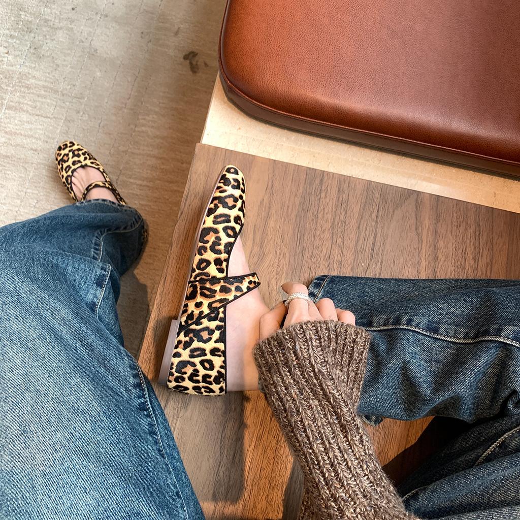 Sheepskin version~ Grape mother, the same style, leopard print, one-word belt, flat Mary Jane single shoes, women's grandma shoes, genuine leather b