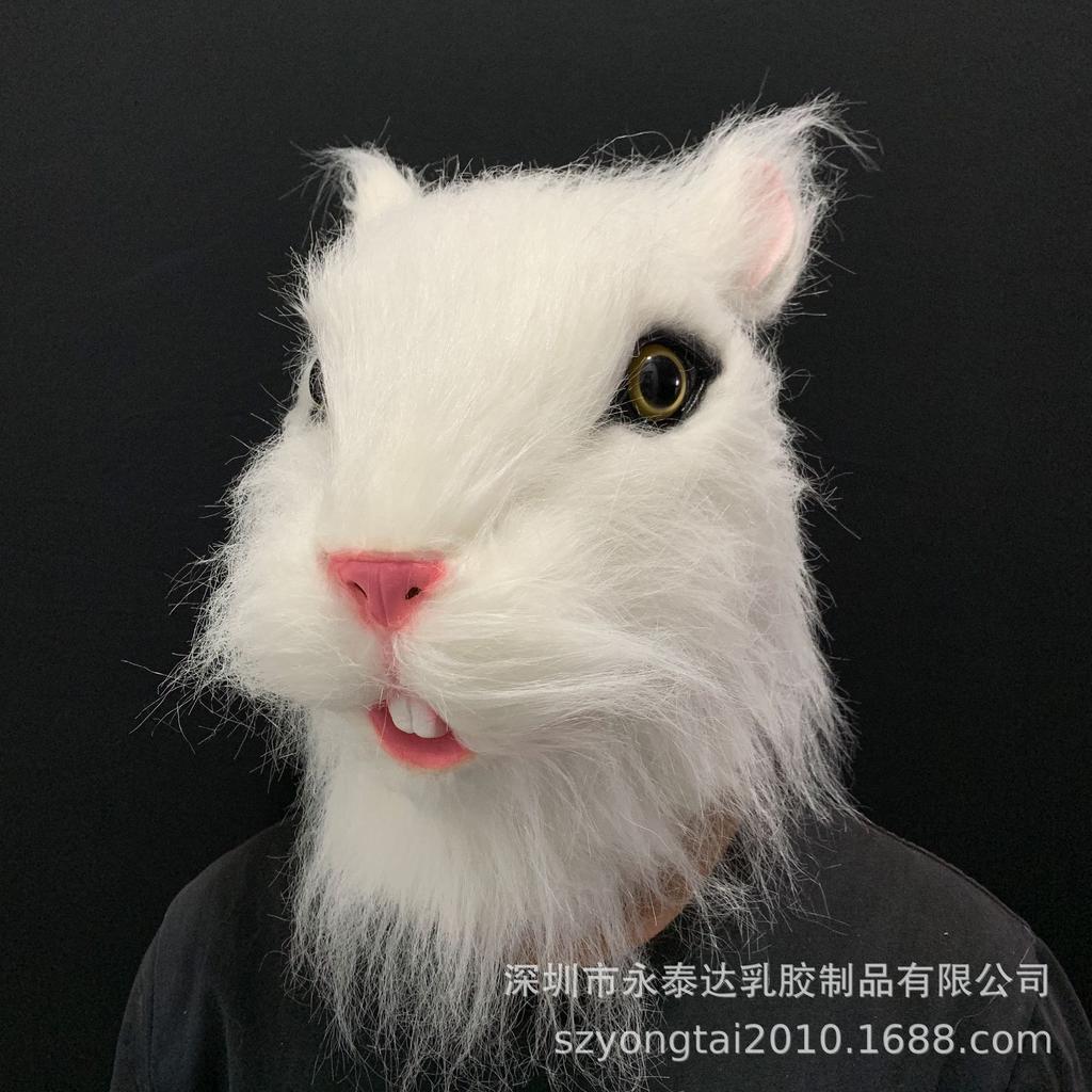 White Cat Super Cute Simulation with Hair Mask Latex Squirrel Mouse Horse Head Mask Cosplay Animal Head Cover