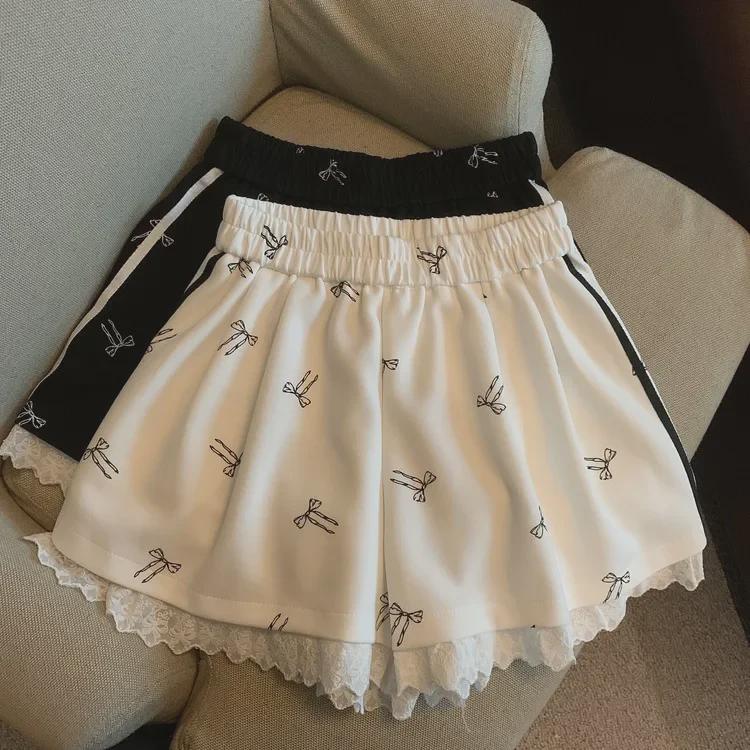 Women's Elastic Waist Lace Bowknot Print Summer Casual Wide Leg Shorts
