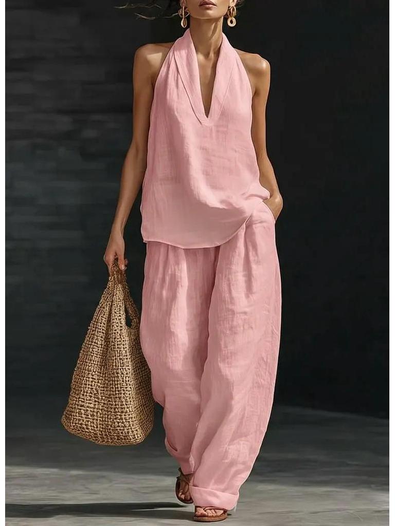 2026 Euro-American Fashion Solid Sleeveless Top & Pants Set