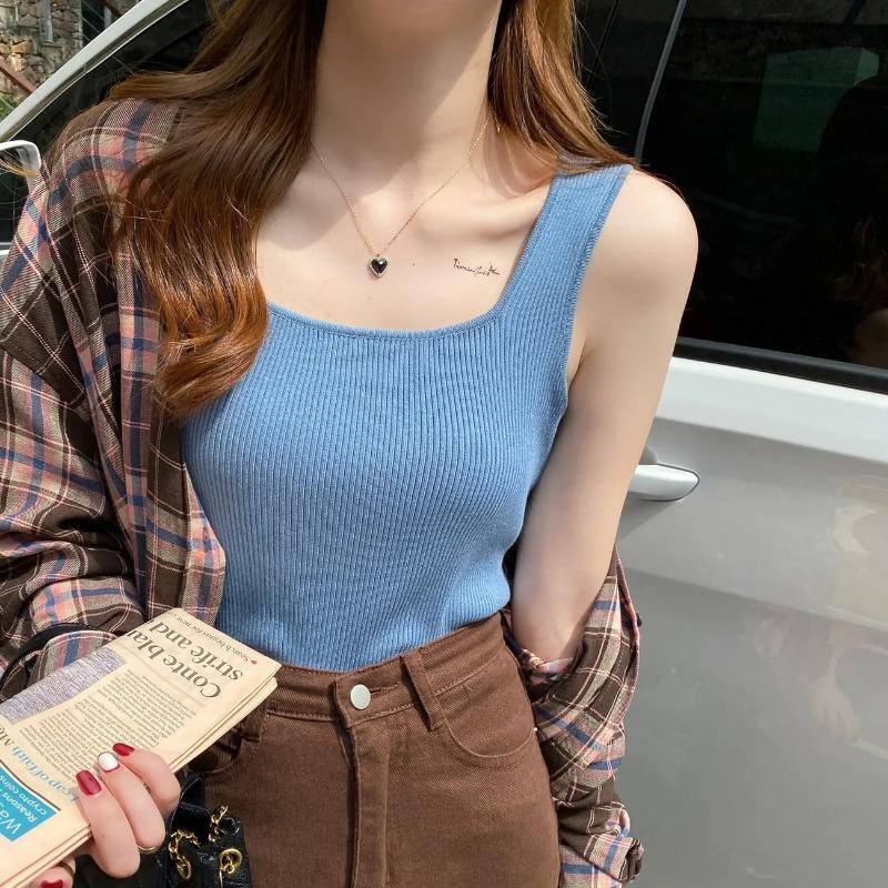 Women Summer Casual Ribbed Tank Top Square Neck Slim Sleeveless Top