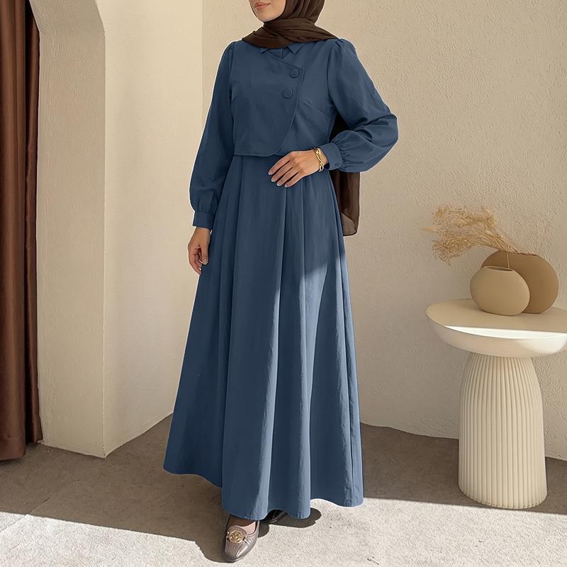 ZANZEA Women Casual Turn Down Collar Solid Color Long Sleeve Muslim Dress