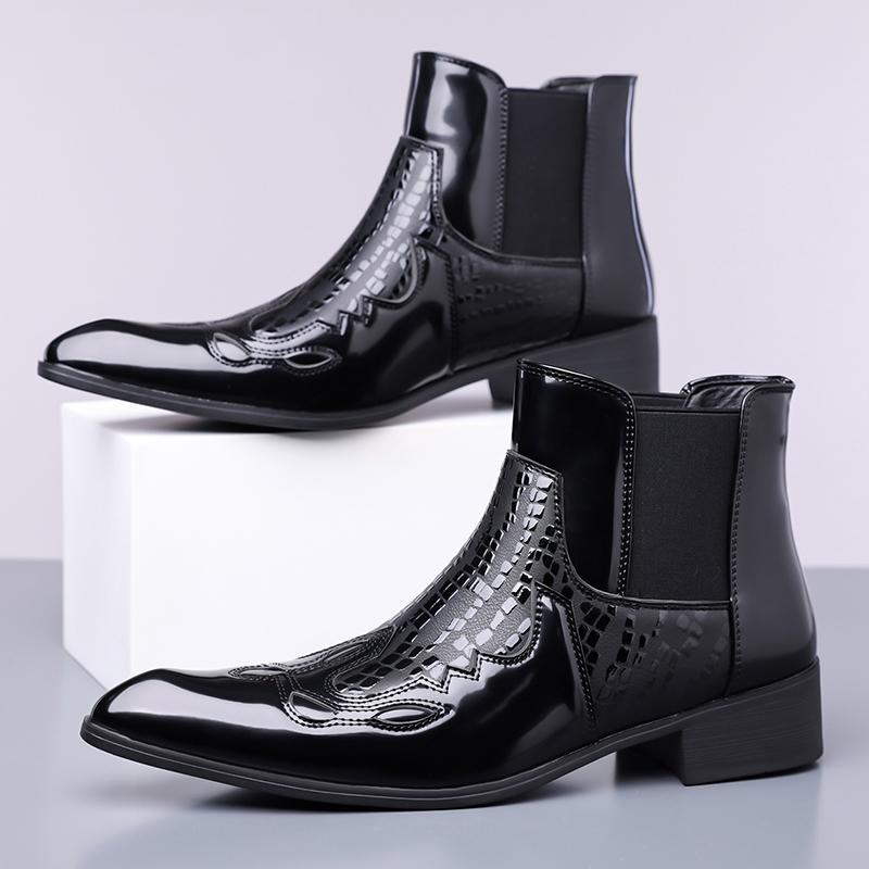 Fashion Brand Designer New Men's Patent Leather Pointed Toe Business Casual Ankle Boot for Men Winter Chelsea Leather Shoes