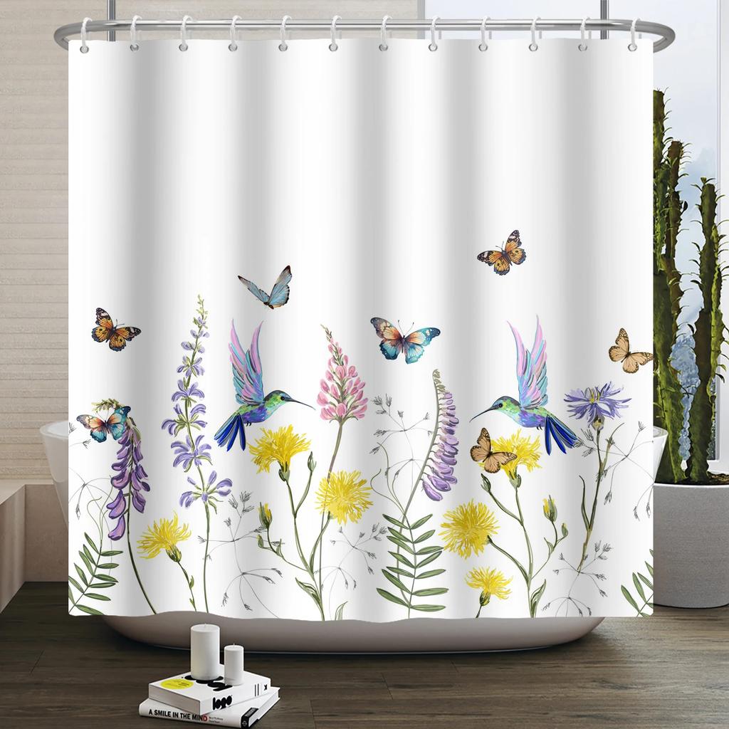 Watercolor Floral Shower Curtain for Bathroom Spring Elegant Flower Printed Bath Curtain Botanical Wildflower Bathroom Decor