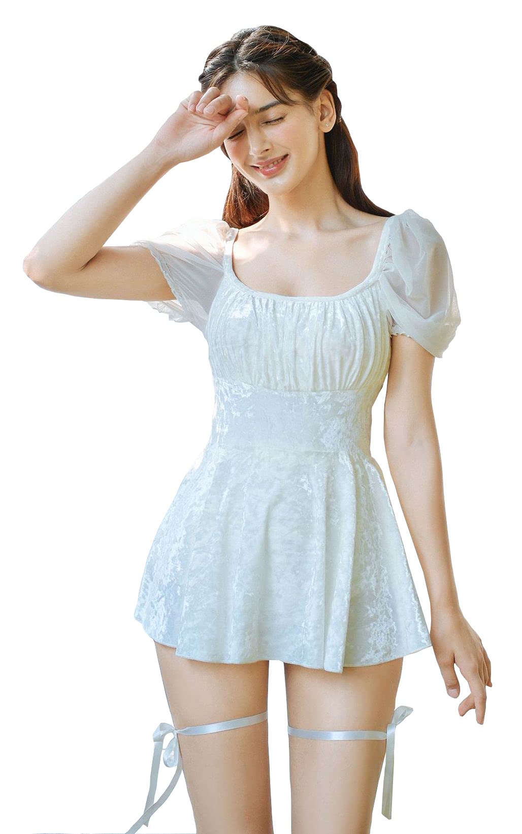 

[PureAribon] Waist-Conscious Puff Sleeve One-Piece Figure-Flattening Swimsuit, TOKYO GOODS MARKET (Premium Short Sleeve/White with Blue Ribbon, XL)