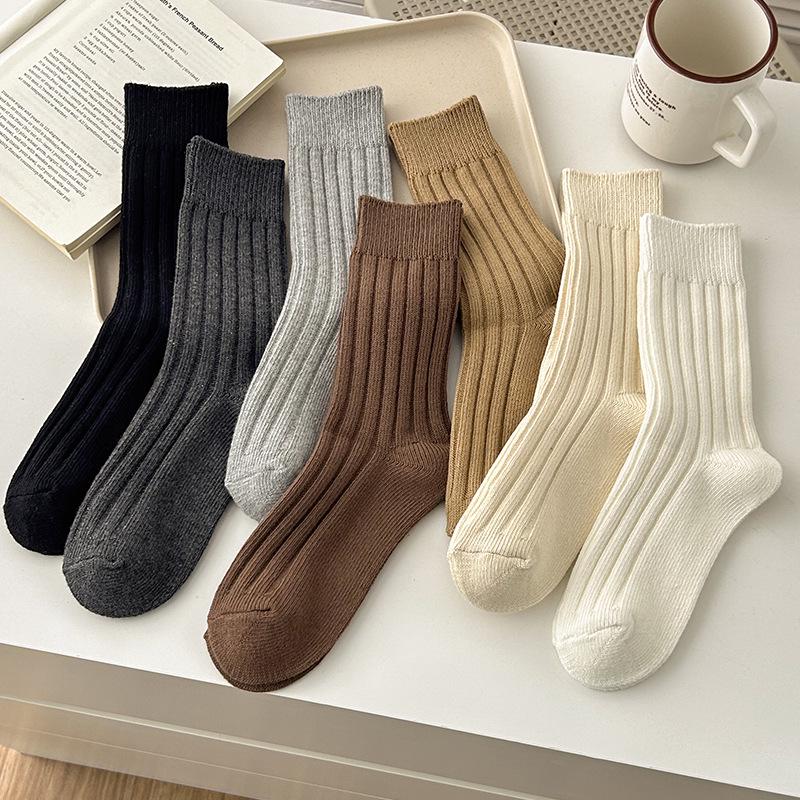 Women's Chunky Knit Cotton Mid-Calf Socks - Thickened, Japanese Style for Autumn/Winter, Versatile and Slimming Slouch Fit.