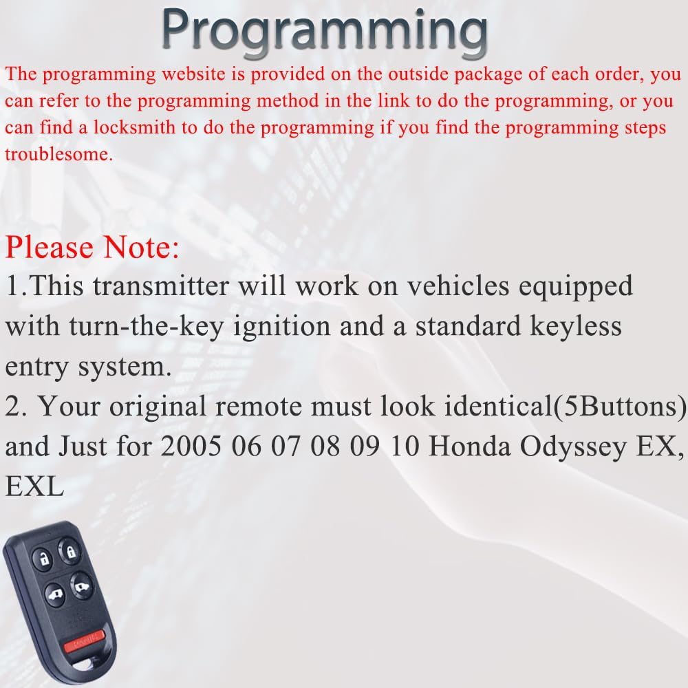 Key Fob Keyless Entry Fits for Honda Odyssey 2005-2010 Remote Control Replacement FCC ID:OUCG8D-399H-A P/N:72147-SHJ-A21 5 Buttons