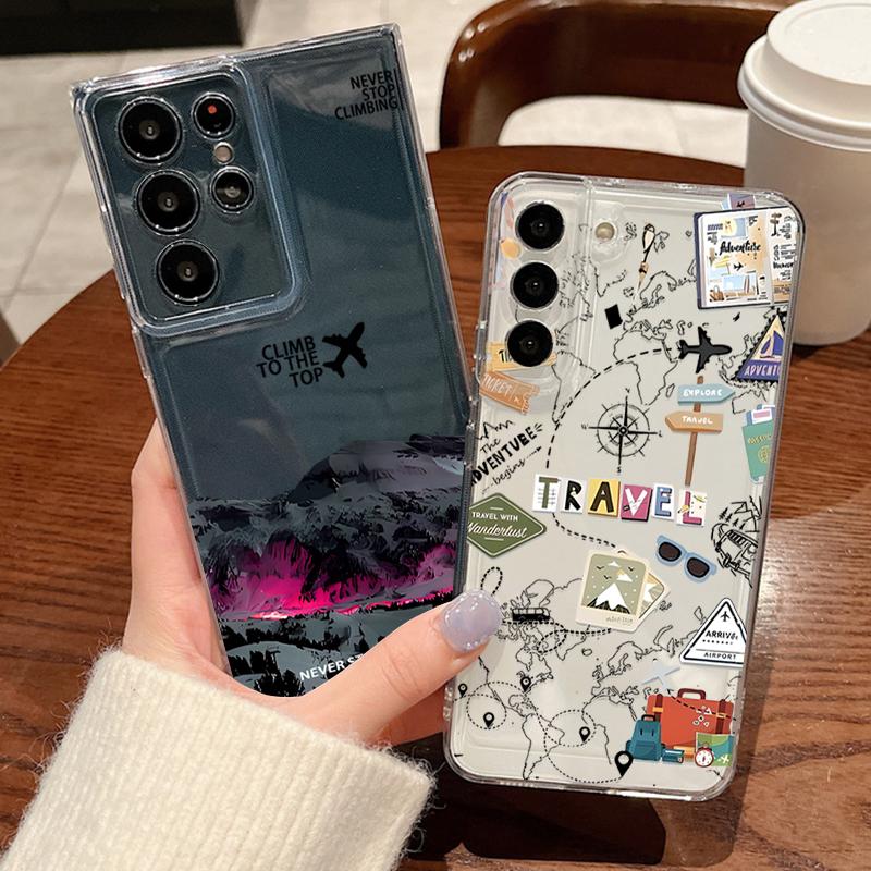 Snow Mountain Travel Map Print Phone Case For Samsung Galaxy S26 S25 S24 S23 Ultra S22 Plus S24 S21 FE S25 Edge Clear Soft Cover