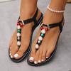 Fashion Retro Bohemian Black Girls Big Pearl Low Sandals 2025 Summer Comfort Shoes for Women Beach Sandals Suit Female Beige Large Size