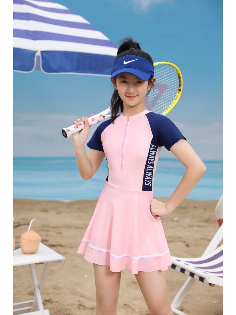 2023 Sporty One-Piece Skirted Swimsuit for Girls - Short-Sleeved, Plus Size, Hot Spring Swimwear for Kids