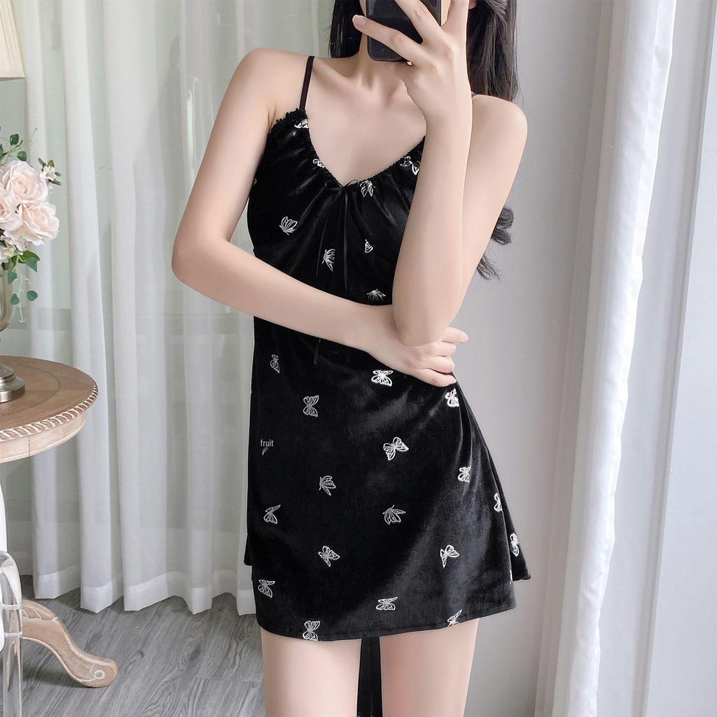 Women's Autumn/Winter Velvet Two-Piece Pajama Set - Butterfly Camisole Nightdress & Robe