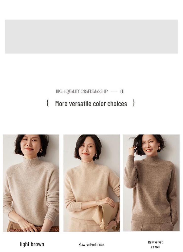 Women's Cashmere Raglan Sleeve Sweater: Half-High Neck, Double Ply, Thick & Warm Base Layer for Autumn/Winter.