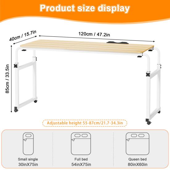 Mobile Overbed Table, Queen Size Over The Bed Desk with Wheels, Height And Length Adjustable Tilting Laptop Desk for Hospital And Home Use