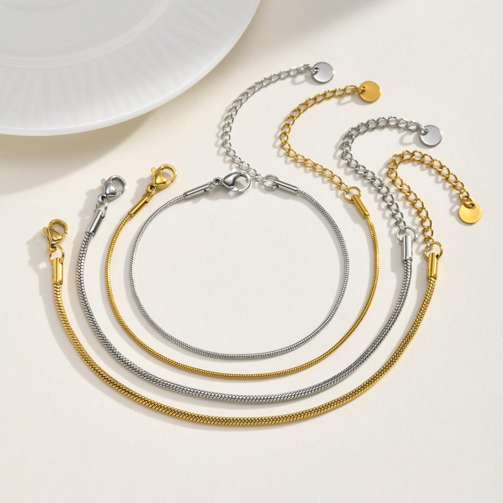 Snake Chain Bracelet for Women Stainless Steel Round 1.2mm 2mm Non-tarnish Waterproof Minimalist Stacking Jewelry