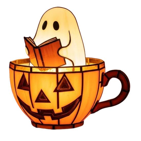 Ghost Reading Book Lamp Cute LED Ghost Reading in Pumpkin Cup Halloween Night Light for Bedroom Tabletop Decor