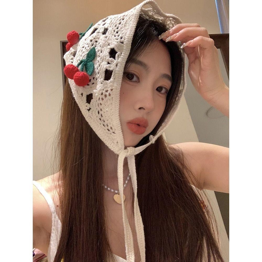 Knitted Triangle Headband Cute Little Cherry French Pastoral Style Headband Towel Handmade Crochet Headscarf Hat Girls