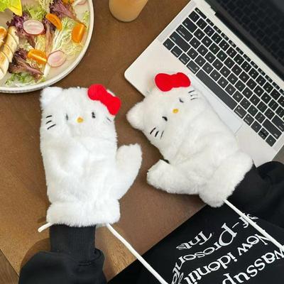 Cute Bow Kitten Flip Plush Gloves For Women Simple Winter Thickened Warm Cycling Gloves Outdoor Cold Protection Gloves