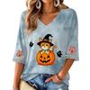 Women's V-Neck Three-Quarter Sleeve Casual Halloween Print Top for Fall Parties